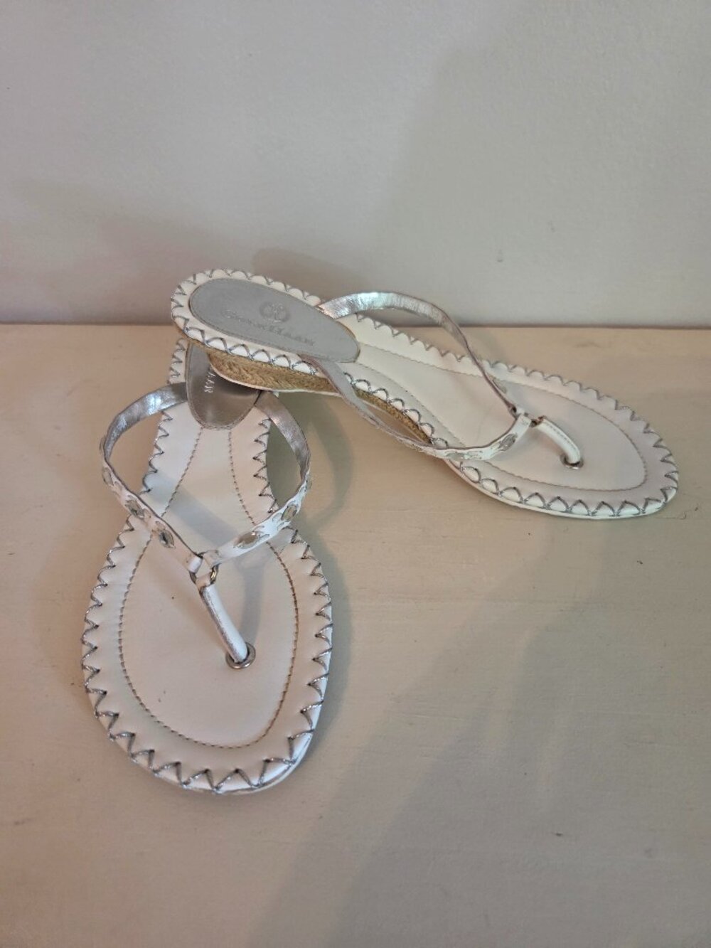 Cole Haan crystal embellished jute heel thongs, white, size 6